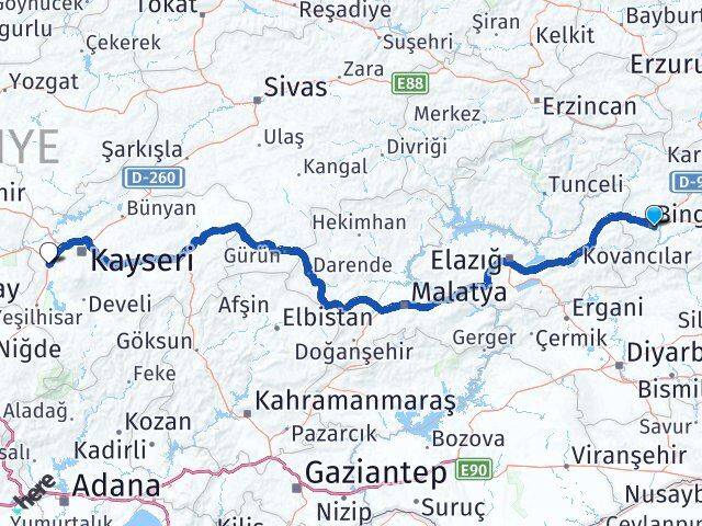 Bingöl İncesu Kayseri Arası Kaç Km - Yol Haritası