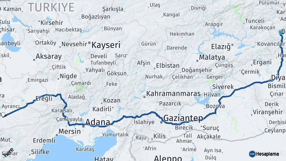 Bingöl Karaman Arası Kaç Km - Yol Haritası