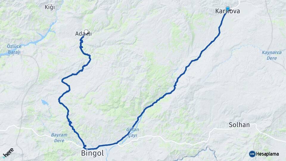 Bingöl Karlıova Adaklı Arası Kaç Km - Yol Haritası