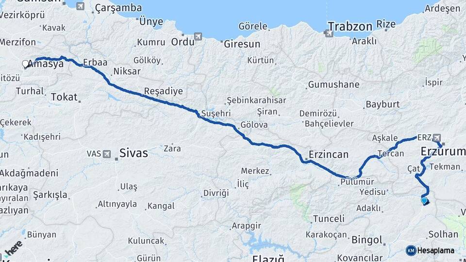 Bingöl Karlıova Amasya Arası Kaç Km - Yol Haritası