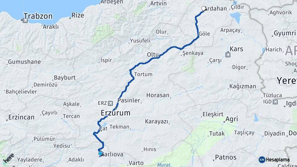 Bingöl Karlıova Ardahan Arası Kaç Km - Yol Haritası