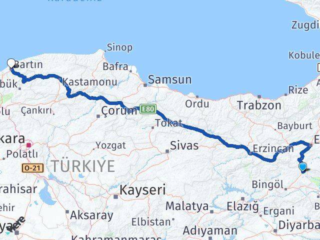 Bingöl Karlıova Bartın Arası Kaç Km - Yol Haritası