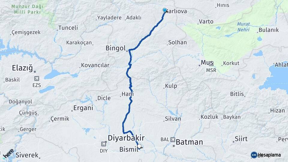 Bingöl Karlıova Bismil Diyarbakır Arası Kaç Km - Yol Haritası
