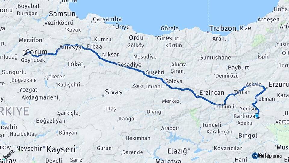 Bingöl Karlıova Çorum Arası Kaç Km - Yol Haritası