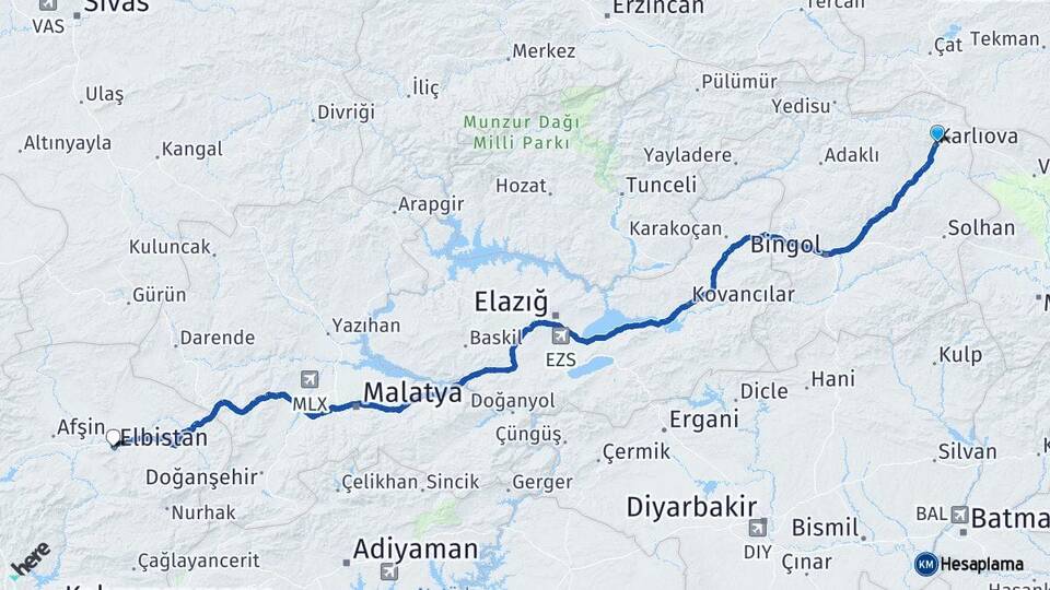 Bingöl Karlıova Elbistan Kahramanmaraş Arası Kaç Km - Yol Haritası