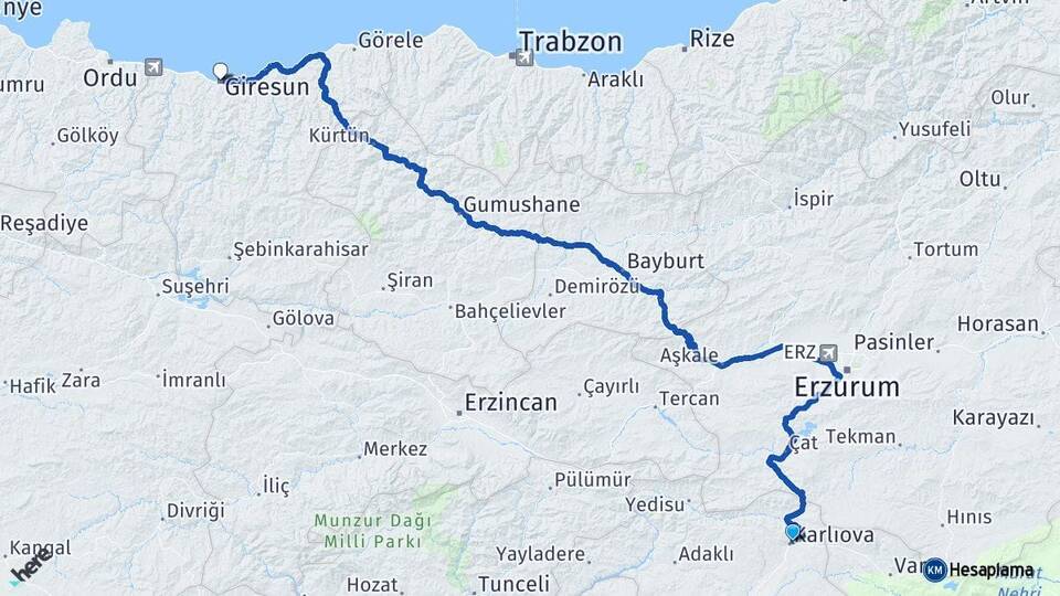 Bingöl Karlıova Giresun Arası Kaç Km - Yol Haritası