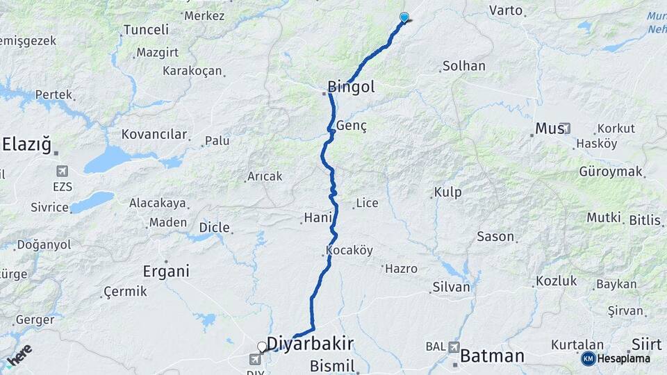 Bingöl Karlıova Göynük Diyarbakır Arası Kaç Km - Yol Haritası