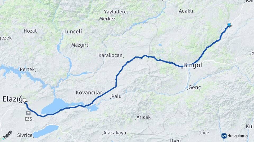 Bingöl Karlıova Göynük Elazığ Arası Kaç Km - Yol Haritası
