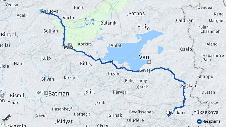 Bingöl Karlıova Hakkari Arası Kaç Km - Yol Haritası