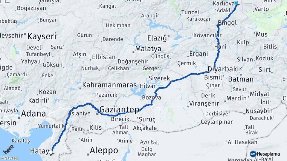 Bingöl Karlıova Hatay Arası Kaç Km - Yol Haritası