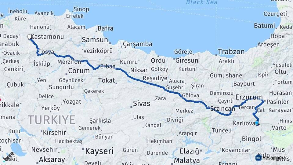 Bingöl Karlıova Kastamonu Arası Kaç Km - Yol Haritası