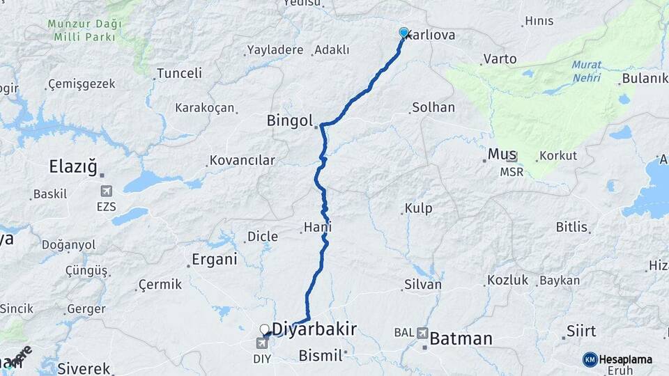 Bingöl Karlıova Kayapınar Diyarbakır Arası Kaç Km - Yol Haritası