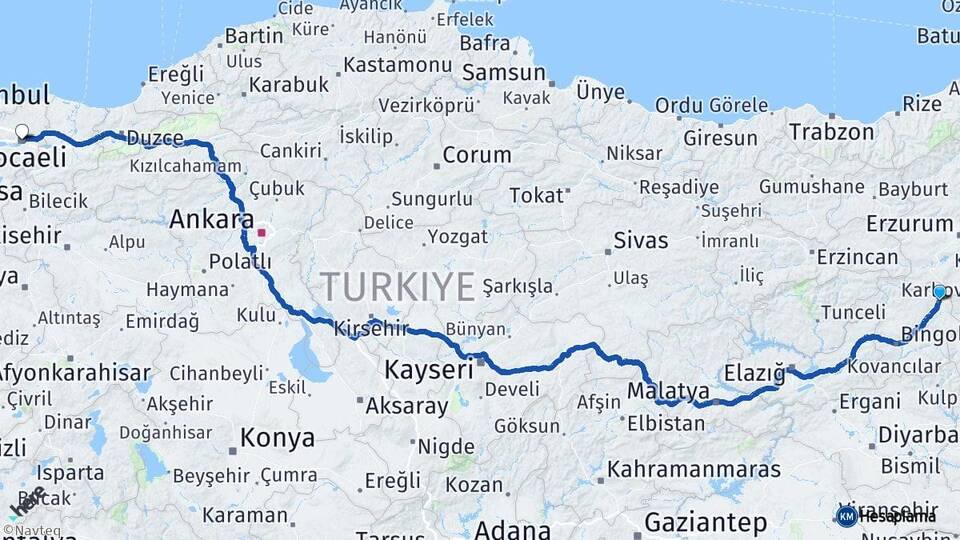 Bingöl Karlıova Kocaeli Arası Kaç Km - Yol Haritası