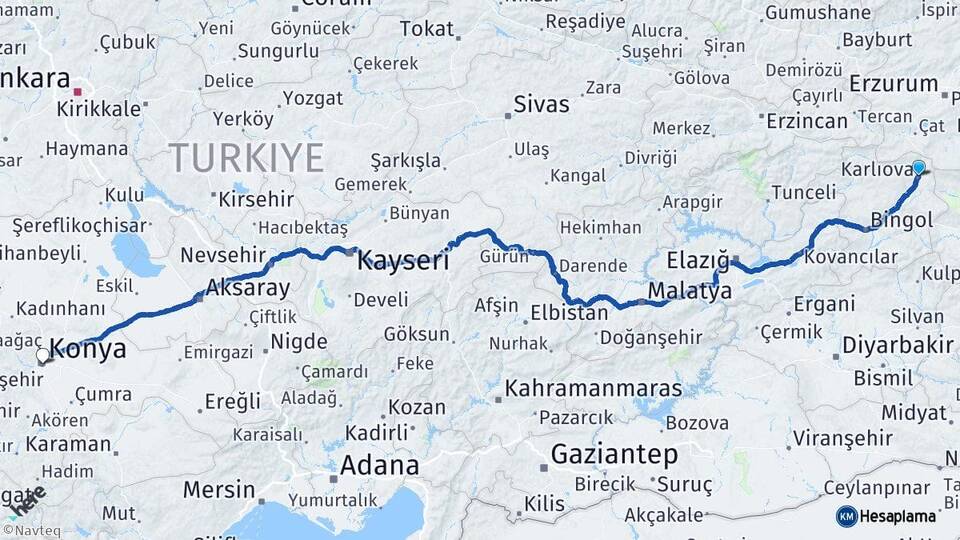 Bingöl Karlıova Konya Arası Kaç Km - Yol Haritası