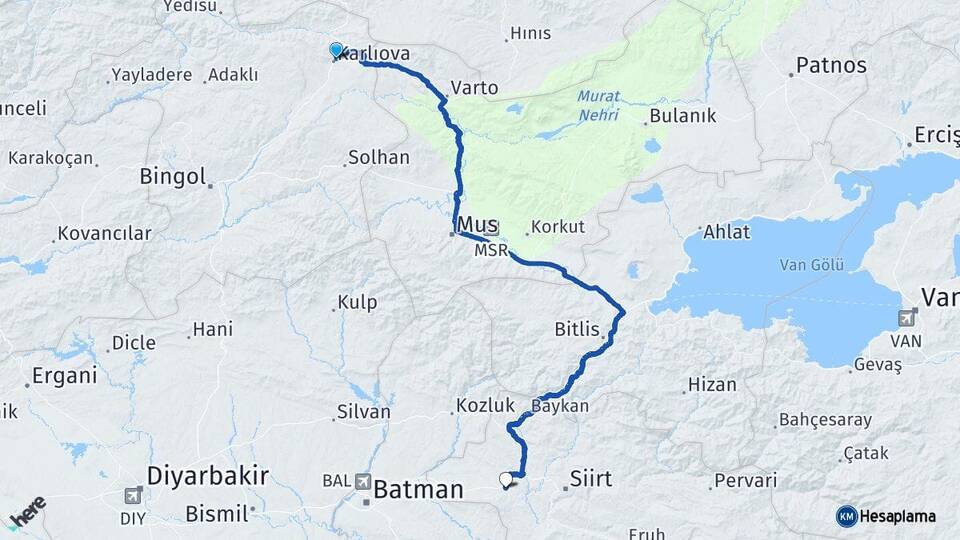 Bingöl Karlıova Kurtalan Siirt Arası Kaç Km - Yol Haritası