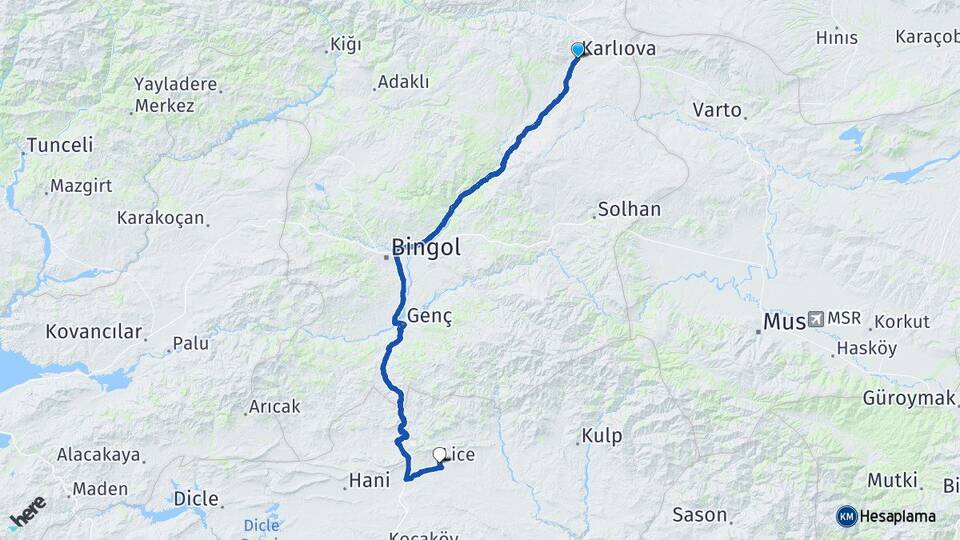 Bingöl Karlıova Lice Diyarbakır Arası Kaç Km - Yol Haritası