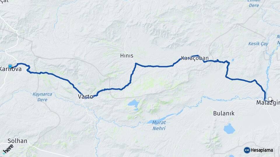 Bingöl Karlıova Malazgirt Muş Arası Kaç Km - Yol Haritası