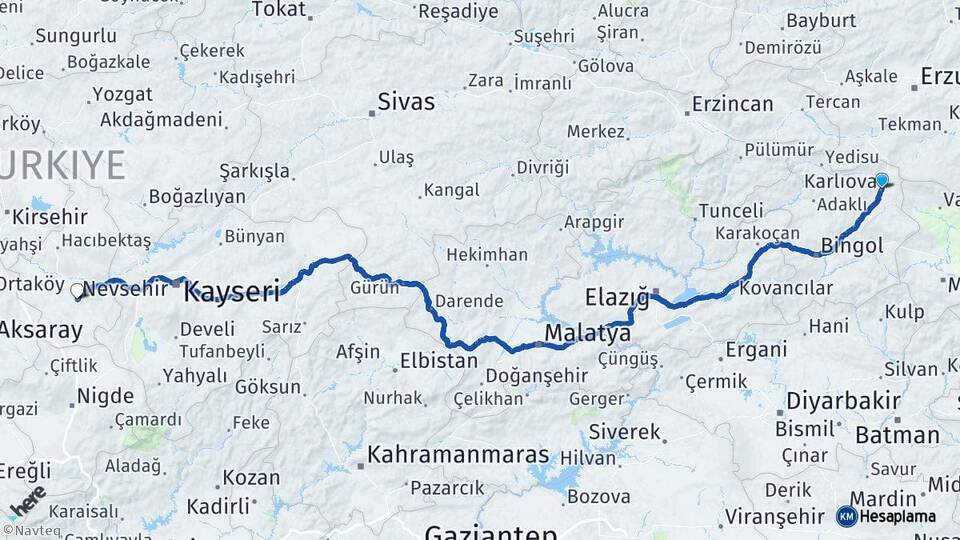 Bingöl Karlıova Nevşehir Arası Kaç Km - Yol Haritası