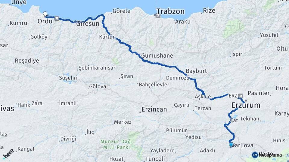 Bingöl Karlıova Ordu Arası Kaç Km - Yol Haritası