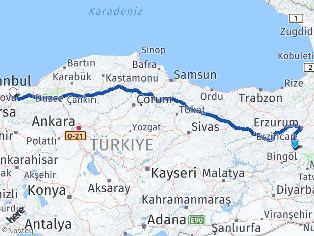 Bingöl Karlıova Sakarya Arası Kaç Km - Yol Haritası