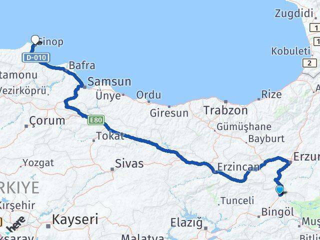Bingöl Karlıova Sinop Arası Kaç Km - Yol Haritası