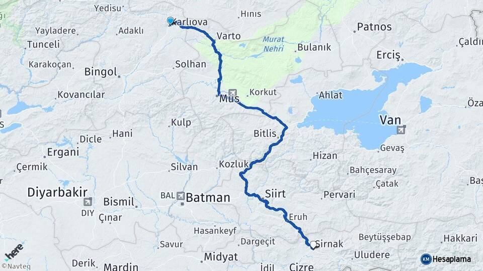 Bingöl Karlıova Şırnak Arası Kaç Km - Yol Haritası