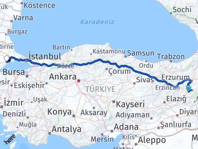 Bingöl Karlıova Tekirdağ Arası Kaç Km - Yol Haritası