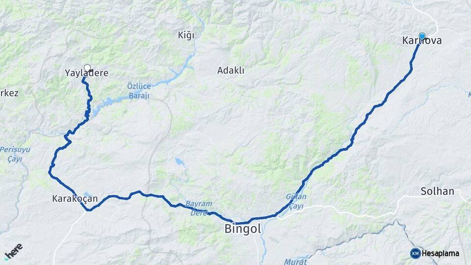 Bingöl Karlıova Yayladere Arası Kaç Km - Yol Haritası