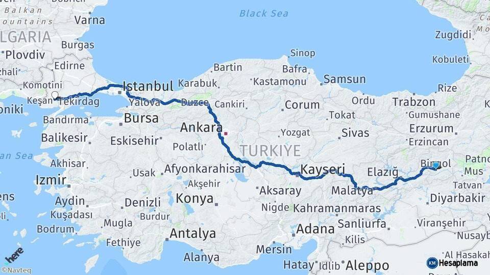 Bingöl Keşan Edirne Arası Kaç Km - Yol Haritası