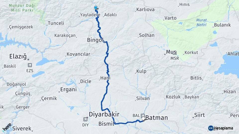 Bingöl Kiğı Batman Arası Kaç Km - Yol Haritası
