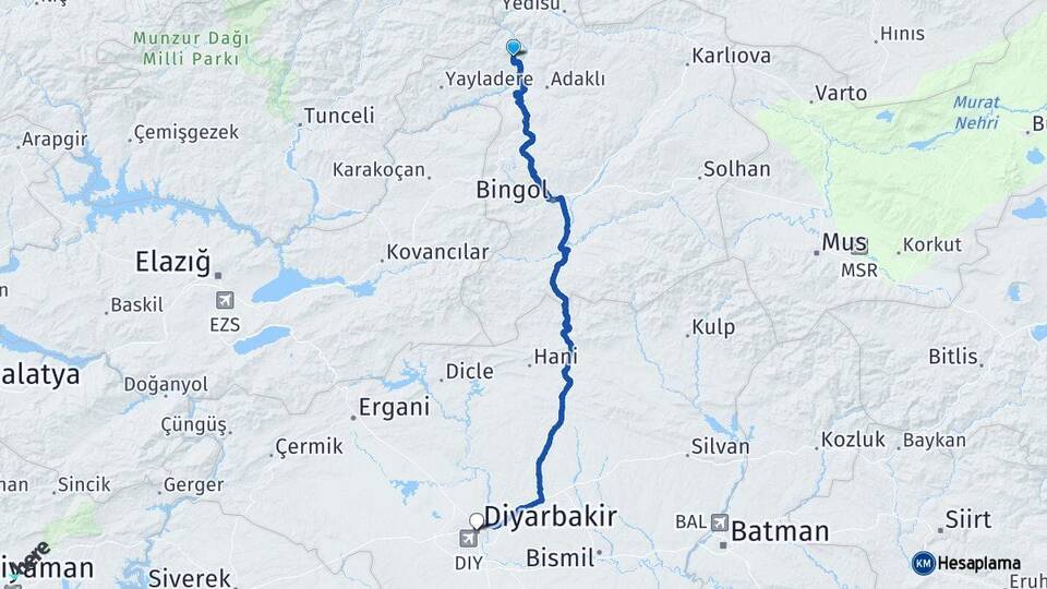 Bingöl Kiğı Diyarbakır Arası Kaç Km - Yol Haritası