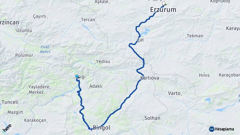 Bingöl Kiğı Erzurum Arası Kaç Km - Yol Haritası