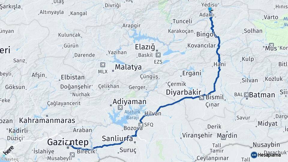 Bingöl Kiğı Gaziantep Arası Kaç Km - Yol Haritası