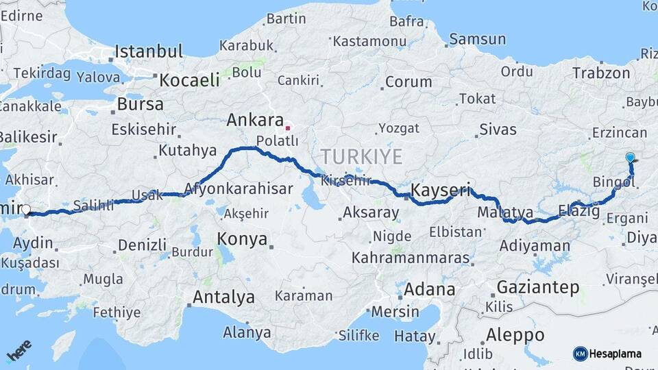Bingöl Kiğı İzmir Arası Kaç Km - Yol Haritası