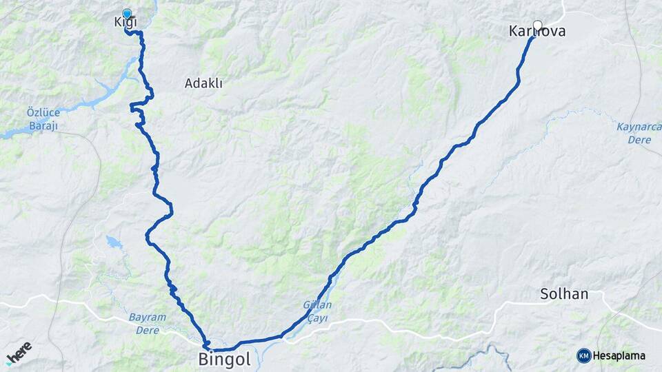 Bingöl Kiğı Karlıova Arası Kaç Km - Yol Haritası
