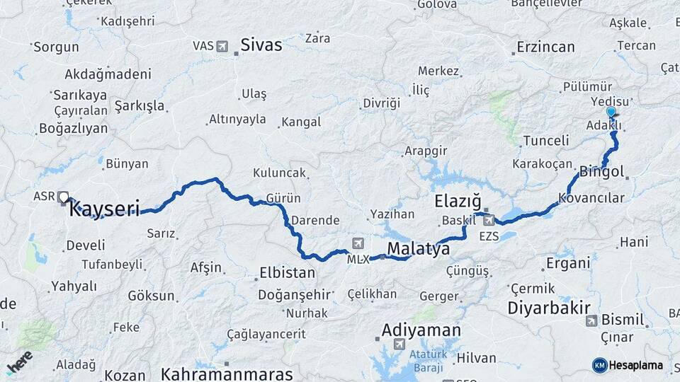 Bingöl Kiğı Kayseri Arası Kaç Km - Yol Haritası