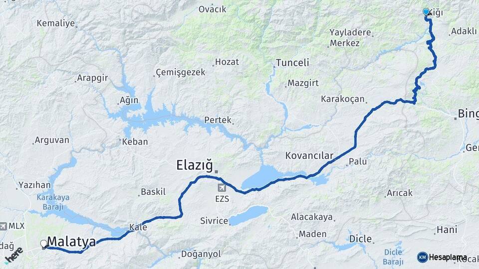 Bingöl Kiğı Malatya Arası Kaç Km - Yol Haritası