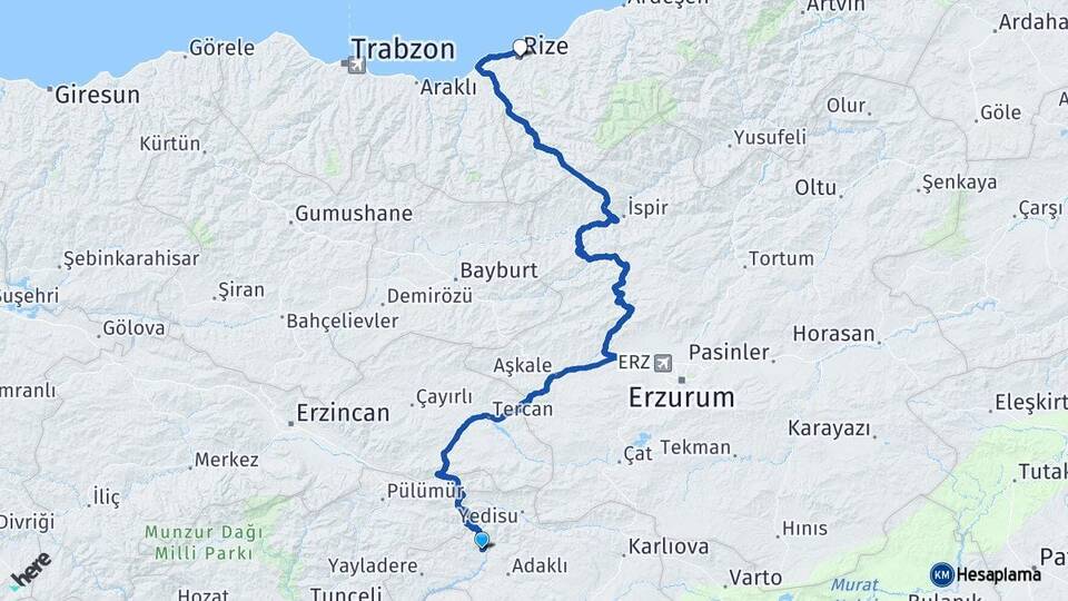 Bingöl Kiğı Rize Arası Kaç Km - Yol Haritası