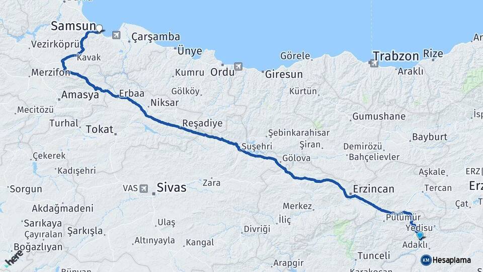 Bingöl Kiğı Samsun Arası Kaç Km - Yol Haritası