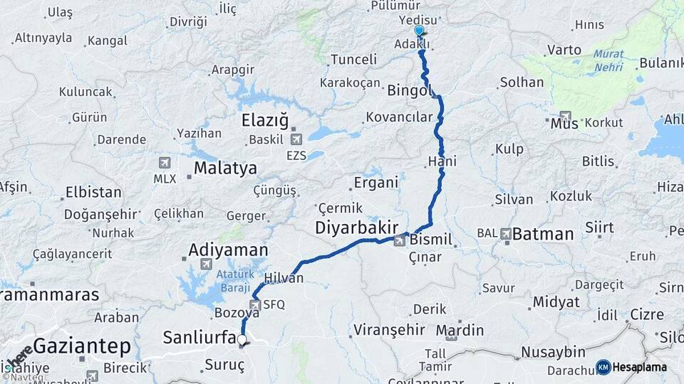 Bingöl Kiğı Şanlıurfa Arası Kaç Km - Yol Haritası
