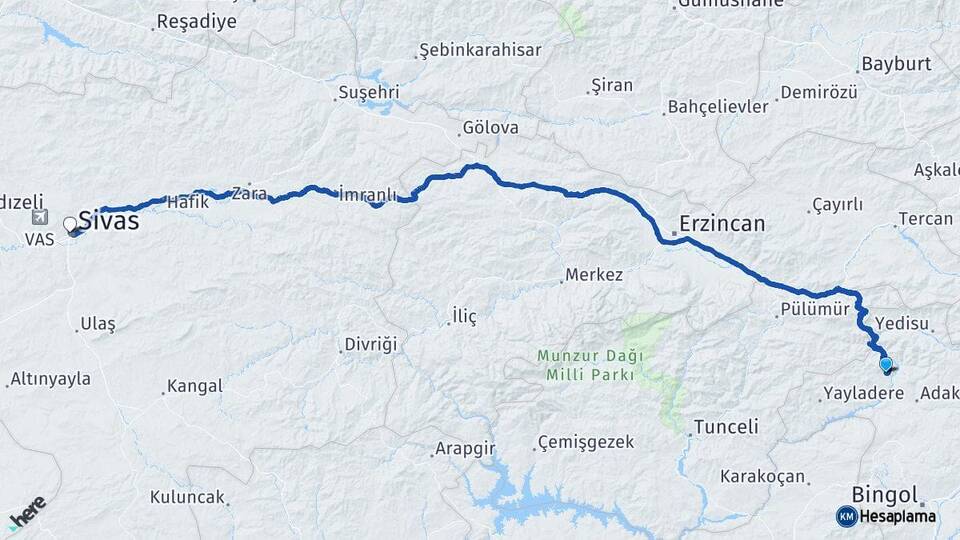 Bingöl Kiğı Sivas Arası Kaç Km - Yol Haritası