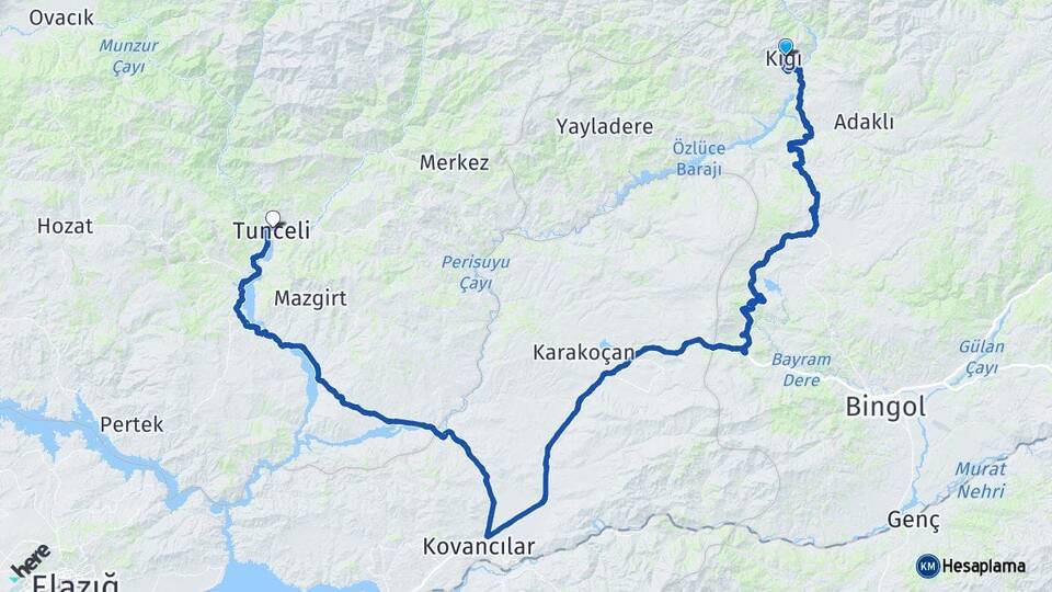 Bingöl Kiğı Tunceli Arası Kaç Km - Yol Haritası