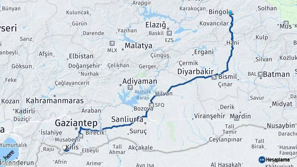 Bingöl Kilis Arası Kaç Km - Yol Haritası