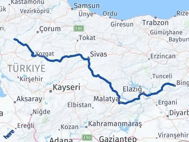 Bingöl Kızılırmak Çankırı Arası Kaç Km - Yol Haritası