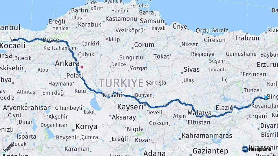 Bingöl Kocaeli Arası Kaç Km - Yol Haritası