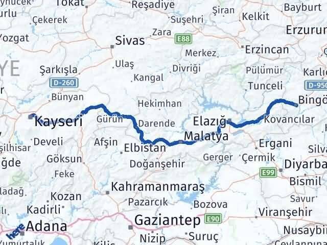 Bingöl Kocasinan Kayseri Arası Kaç Km - Yol Haritası