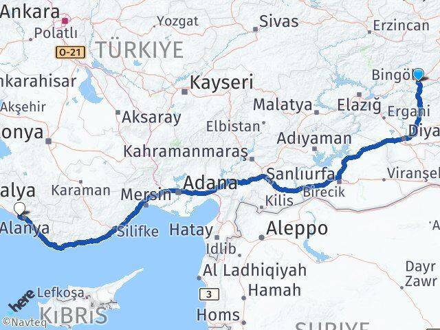 Bingöl Konaklı Alanya Antalya Arası Kaç Km - Yol Haritası