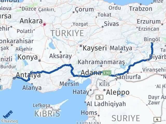 Bingöl Konyaaltı Antalya Arası Kaç Km - Yol Haritası