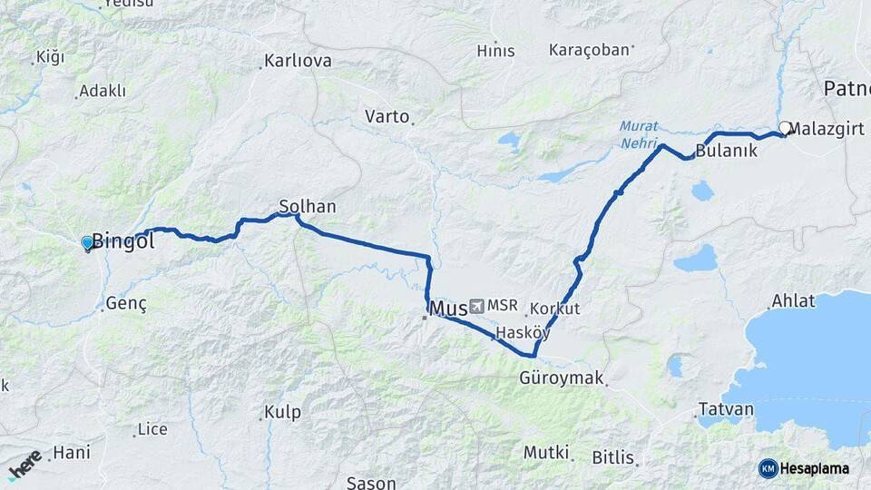 Bingöl Malazgirt Muş Arası Kaç Km - Yol Haritası