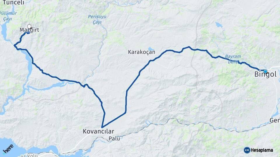 Bingöl Mazgirt Tunceli Arası Kaç Km - Yol Haritası